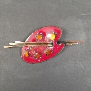 Matisse Renoir Vintage Red Enamel Copper Artist Palette Brooch Pin MCM USA